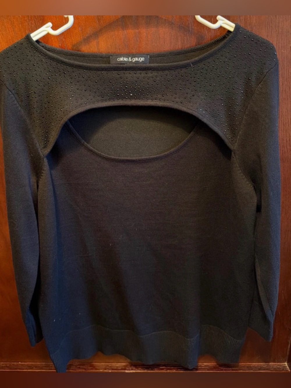 Cable & Gauge Black Open-Back Crewneck Sweater with Stud Detail